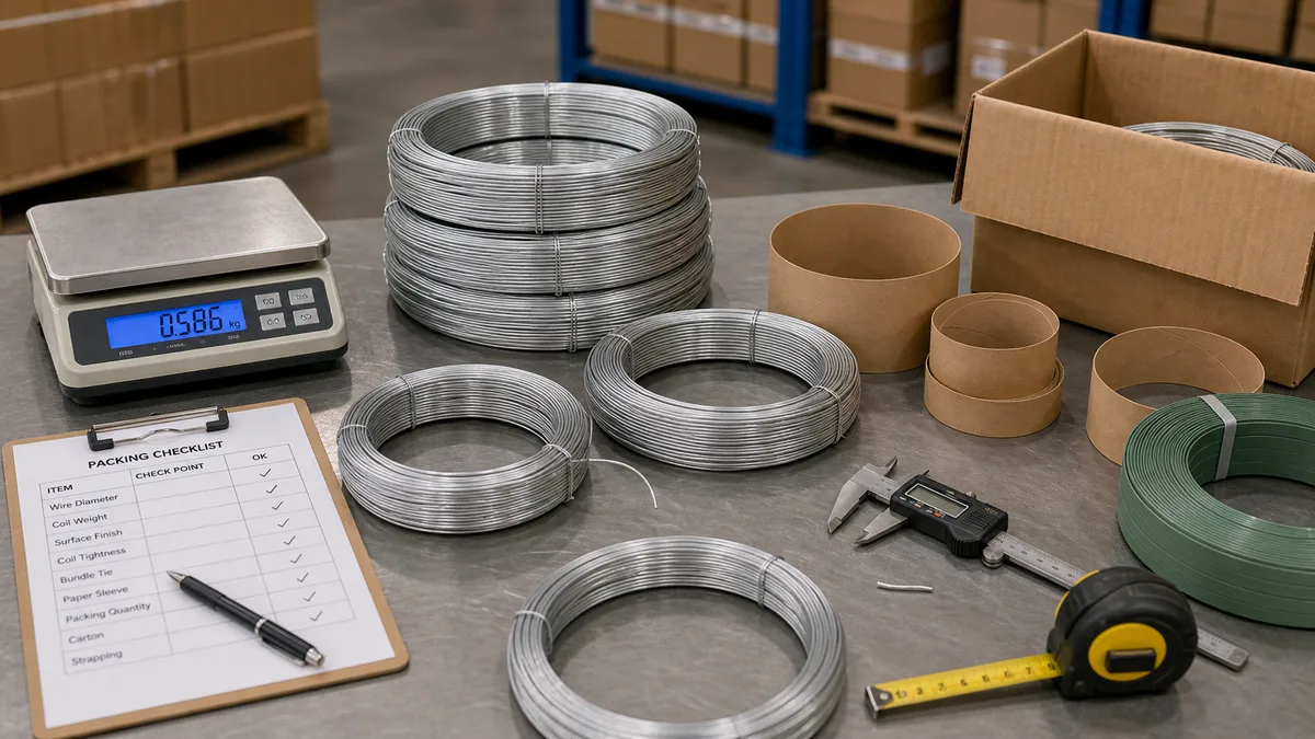Galvanized binding wire coils checked with scale, caliper, paper sleeve, bundle straps, and export carton before shipment