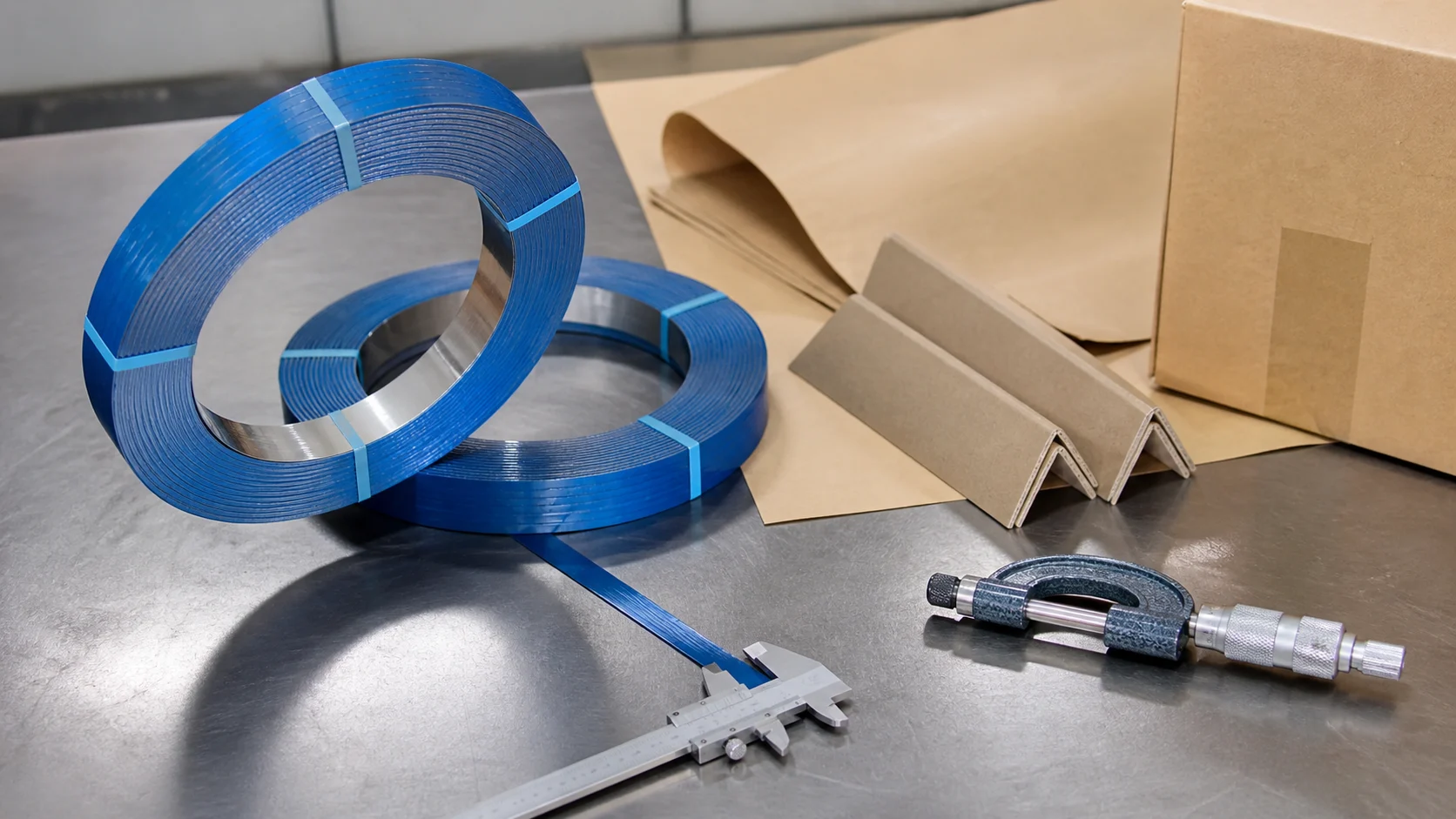 Narrow cold rolled steel strip coils checked with a caliper and micrometer beside moisture-protection paper, corner boards, and export carton packing