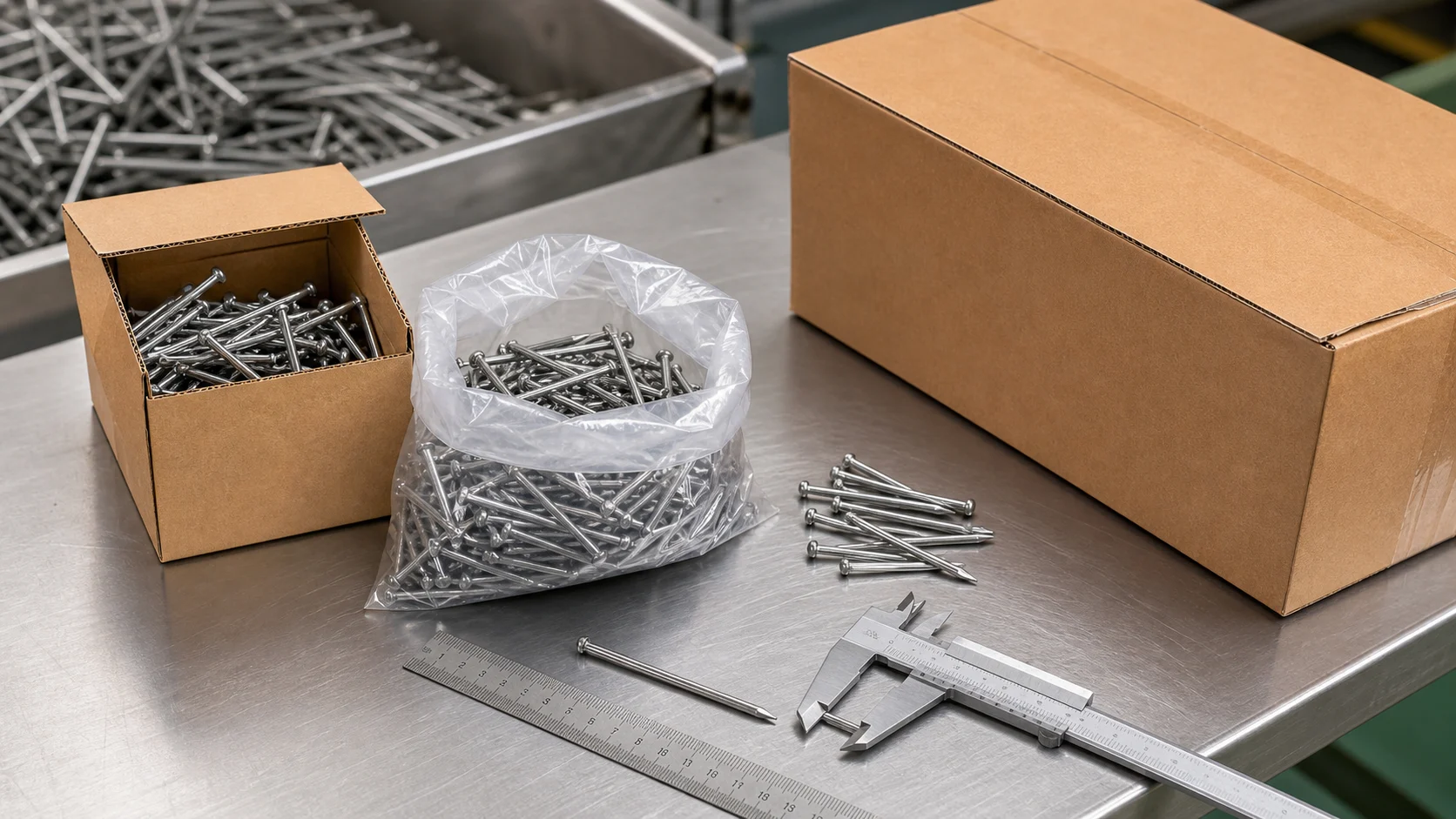 Bright common iron nails checked with measuring tools and prepared in bulk inner packing and export cartons