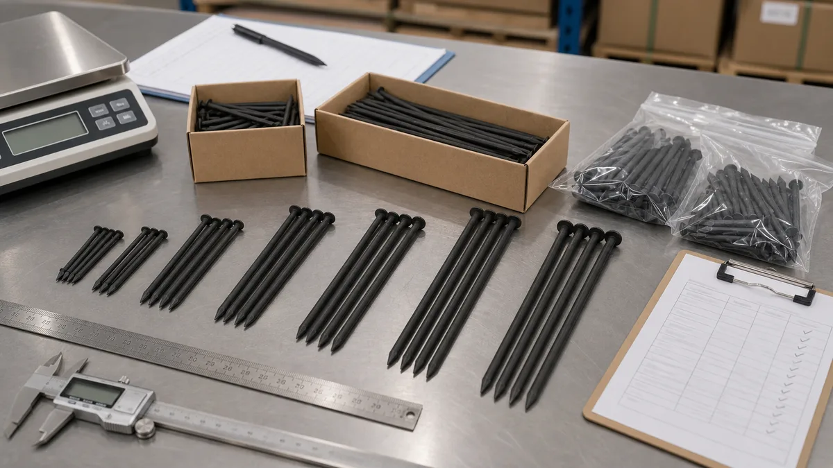 Black concrete nails sorted by length and checked with scale, caliper, ruler, bags, boxes, and carton packing before export shipment