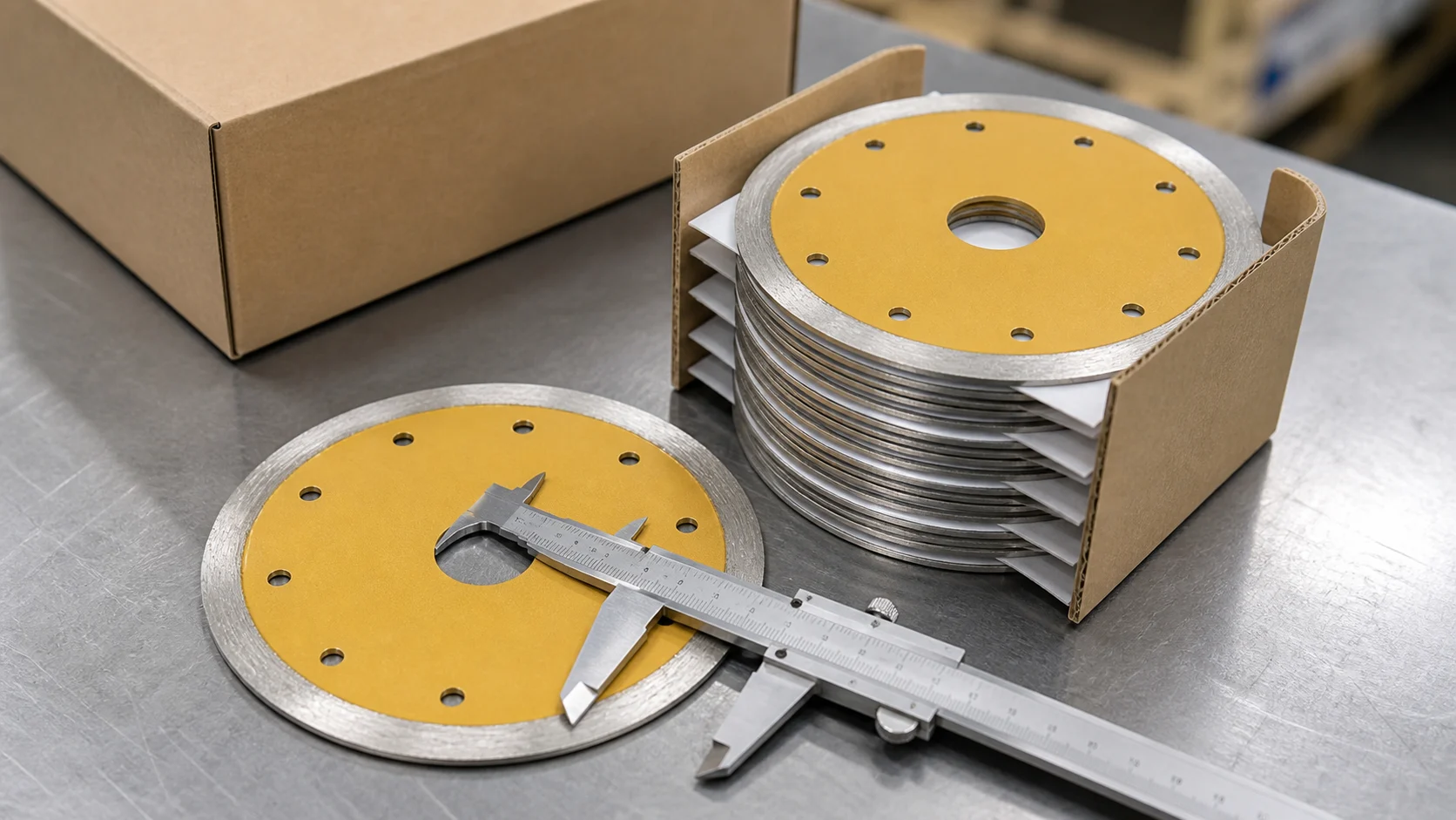 Continuous rim tile cutting blades checked at the arbor and packed with paper interleaves and cardboard edge protection