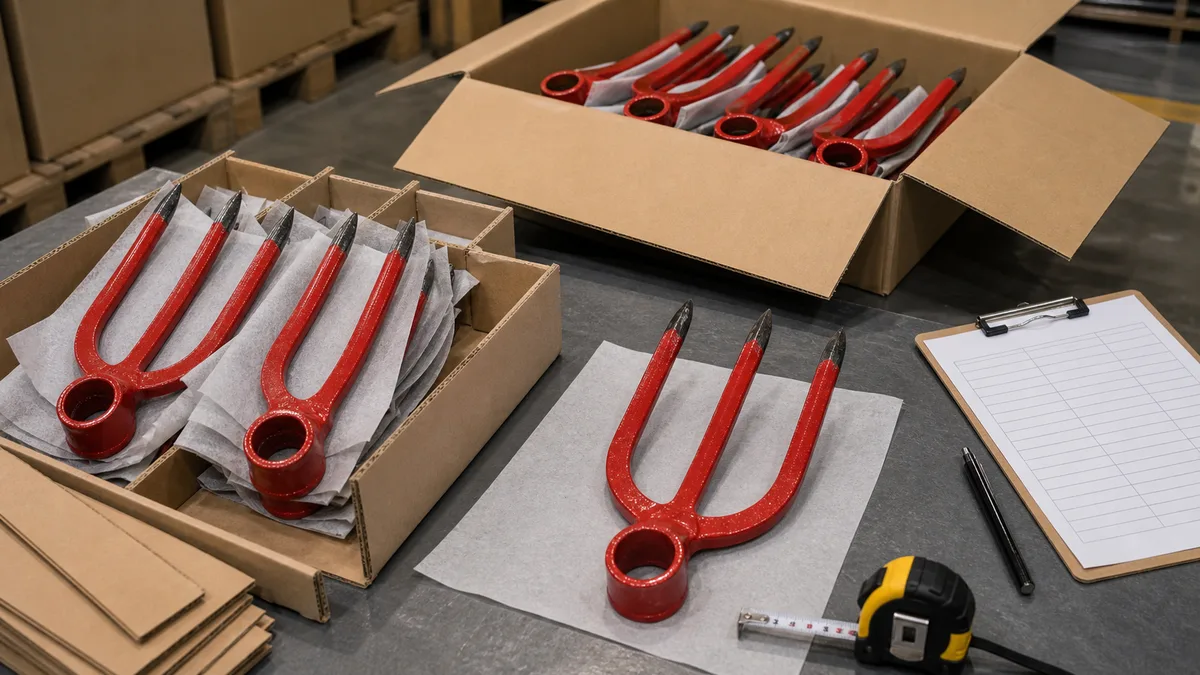 Red fork hoe heads arranged with protective paper and carton dividers for export packing review