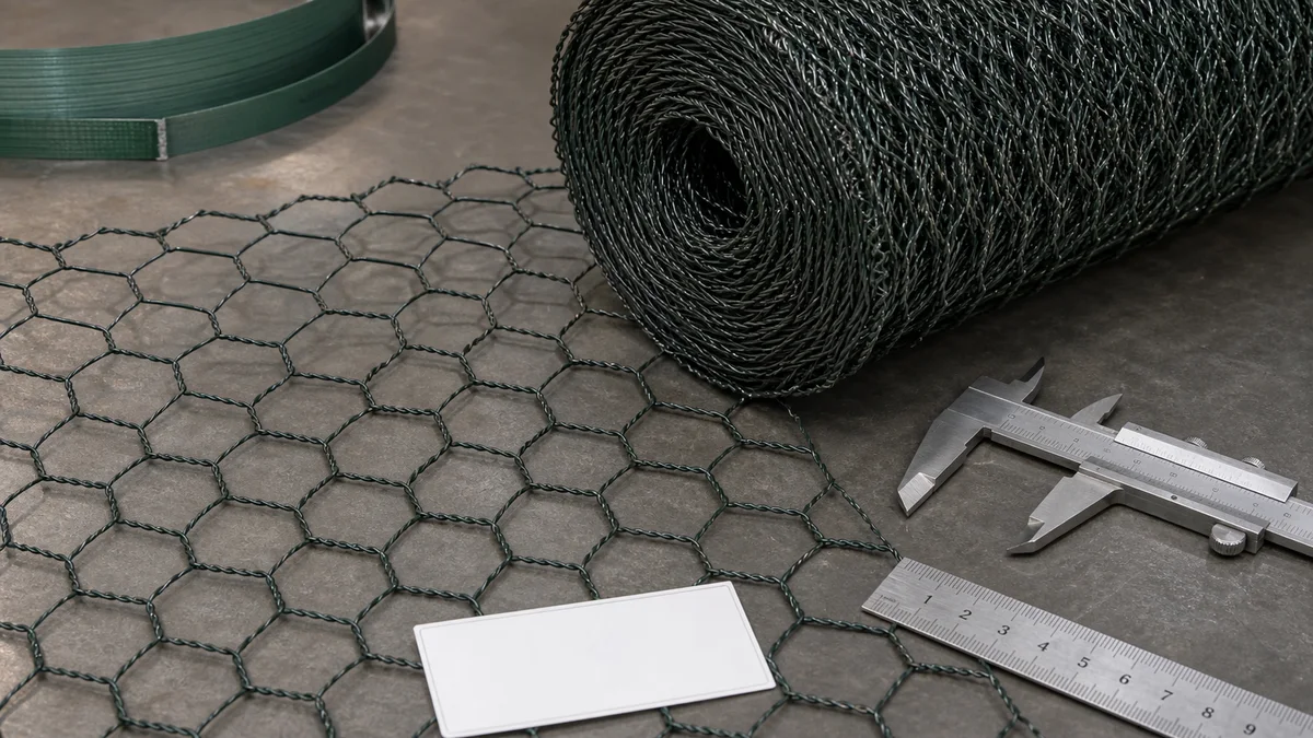 Hexagonal wire netting roll partly unrolled with measuring tools for mesh opening and roll specification review