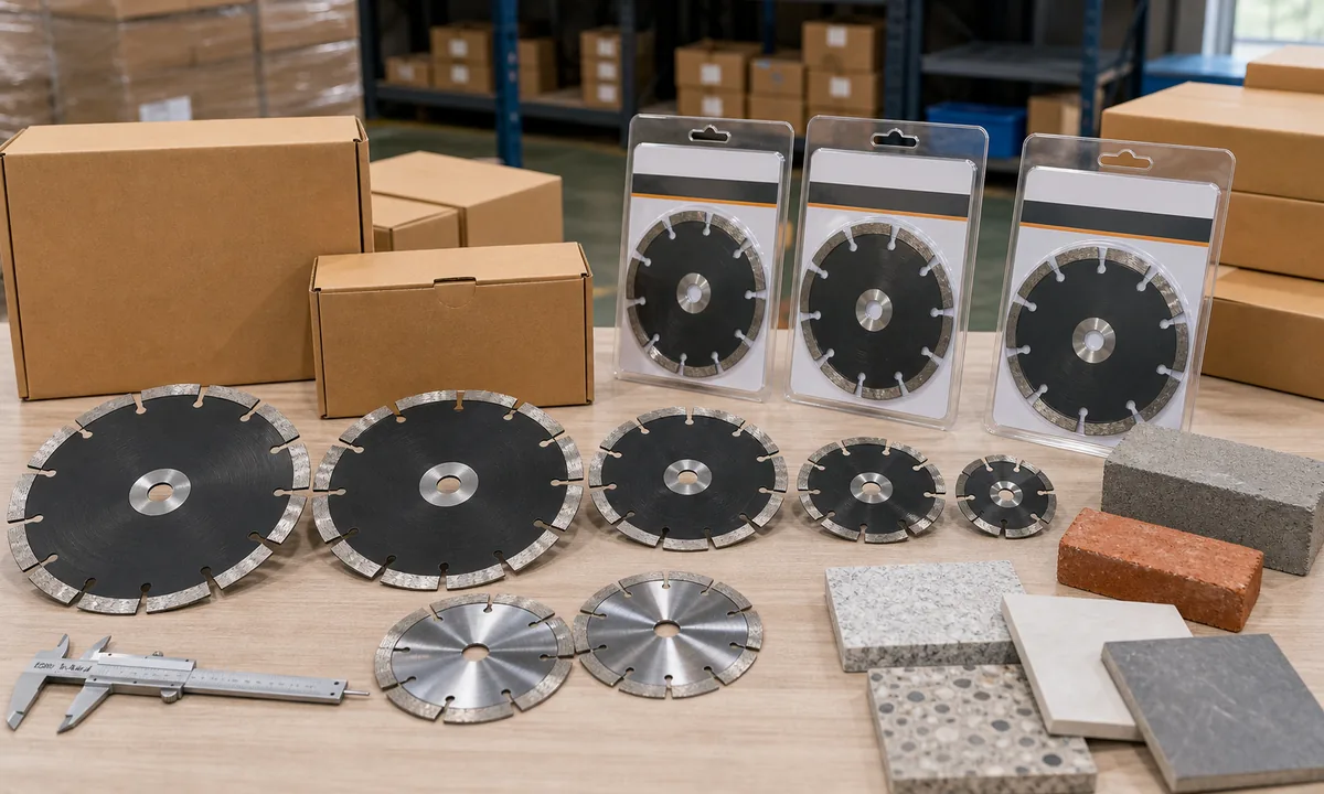 Segmented diamond saw blades prepared with packing samples, cartons, and masonry material references
