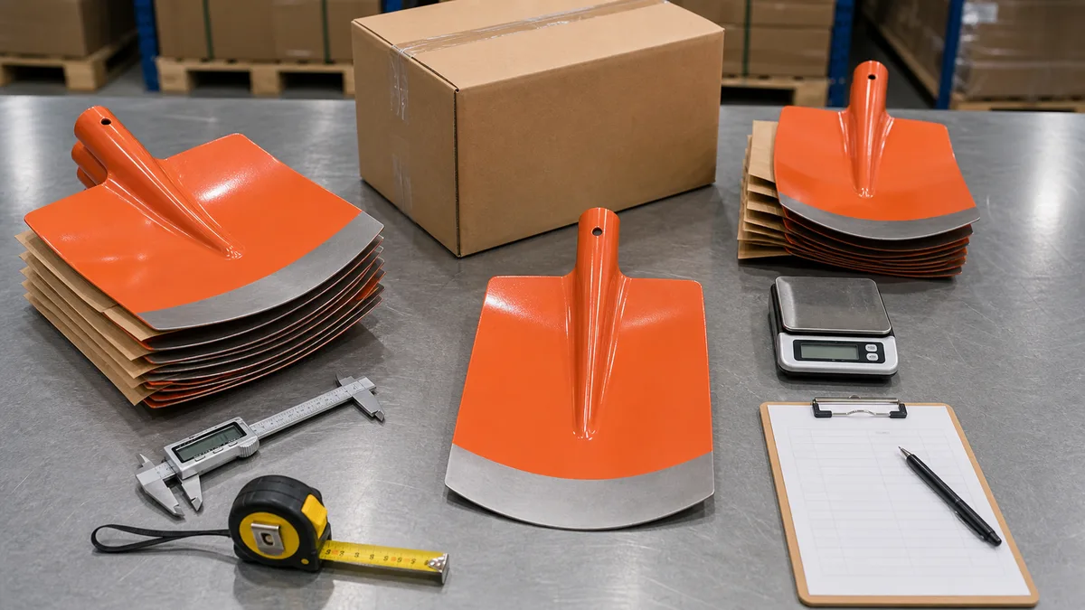 Orange Shovel Blade S507-10 heads checked with caliper, tape measure, scale, paper separators, carton, socket holes, pressed ribs, and silver cutting edges before export shipment