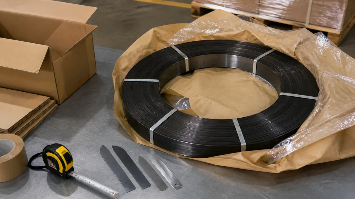 Spring steel strip coil prepared with protective packing materials and sample blade blanks for buyer review