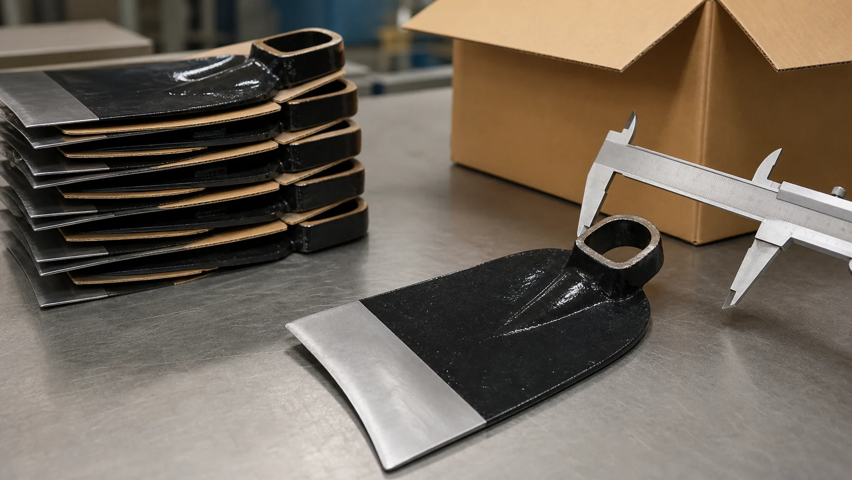 Black steel H301 hoe heads checked at the handle eye and packed with edge protection for export