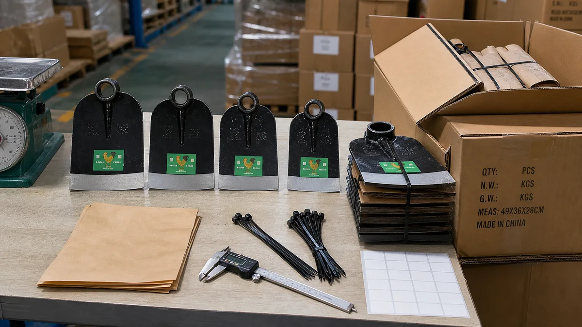 Steel Hoe H304 hoe heads checked with scale, caliper, anti-rust paper, bundle ties, and export carton packing before shipment