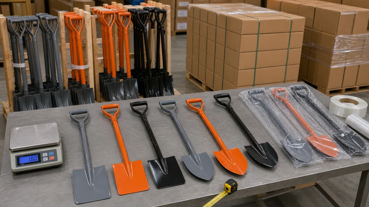Steel Shovel S503 D-grip shovels checked with scale, tape measure, bag packing, and export cartons before shipment