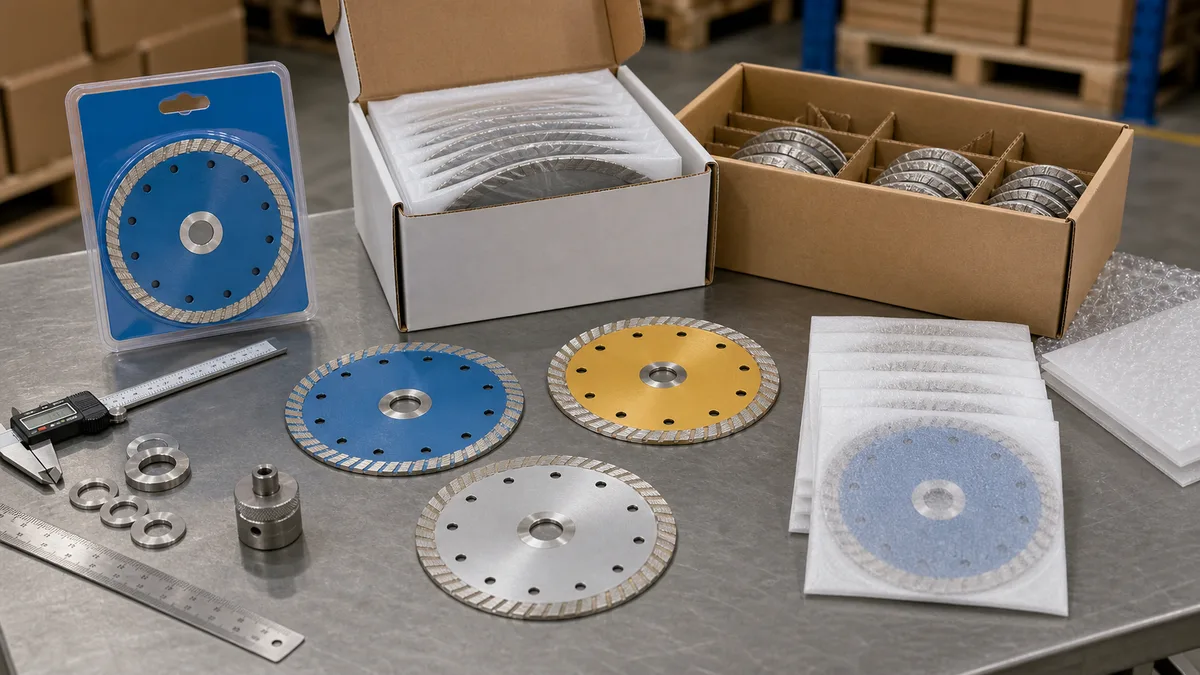 Turbo diamond cutting discs checked with caliper, bore gauge, blister card, color box, and carton packing before export shipment