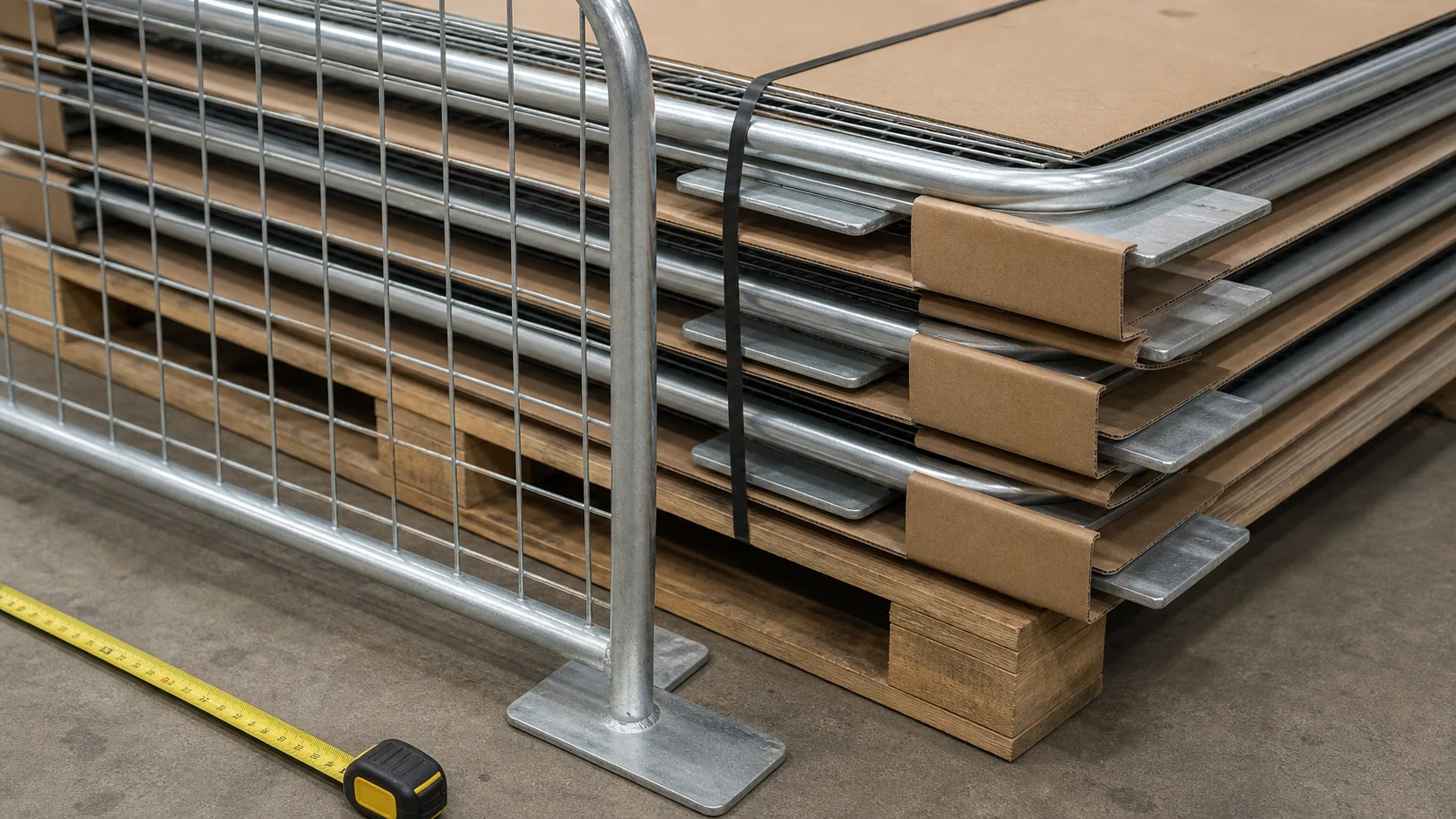 Galvanized welded wire mesh panels stacked with cardboard edge protection and separate flat feet for export packing