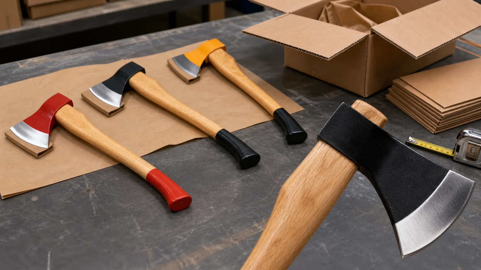 Wood handle axes checked with protective cutting-edge sleeves, paper separators, a tape measure, and export cartons before shipment